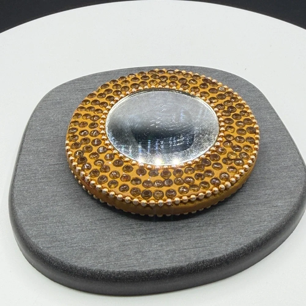 Gold & Amber Tone Rhinestone Round Pocket Purse Mirror Beaded Boho Vanity Decor